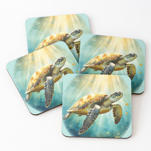 Item preview, Breathtaking watercolor sea turtle golden sunlight ocean swimming marine art print designed and sold by icemanphotos.