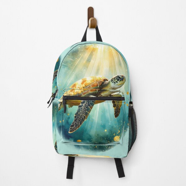 Item preview, Breathtaking watercolor sea turtle golden sunlight ocean swimming marine art print designed and sold by icemanphotos.