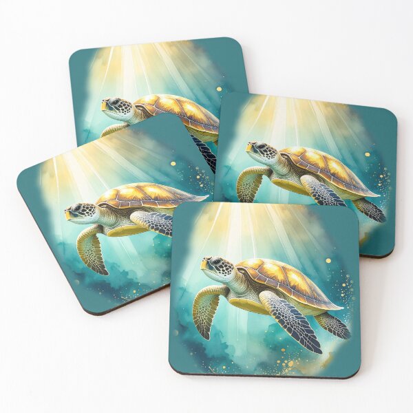 Item preview, Breathtaking watercolor sea turtle golden sunlight ocean swimming marine art print designed and sold by icemanphotos.
