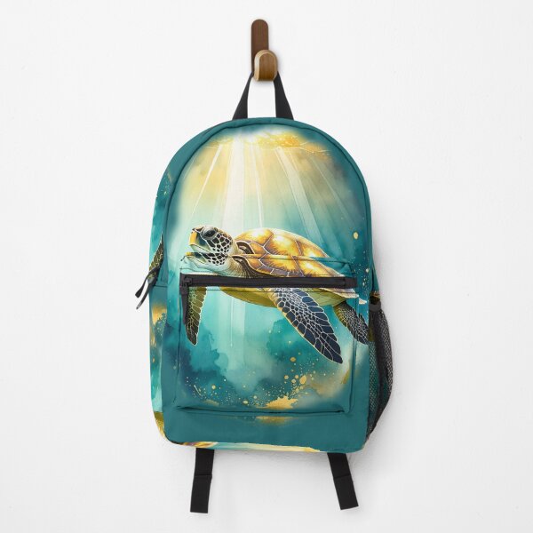 Item preview, Breathtaking watercolor sea turtle golden sunlight ocean swimming marine art print designed and sold by icemanphotos.