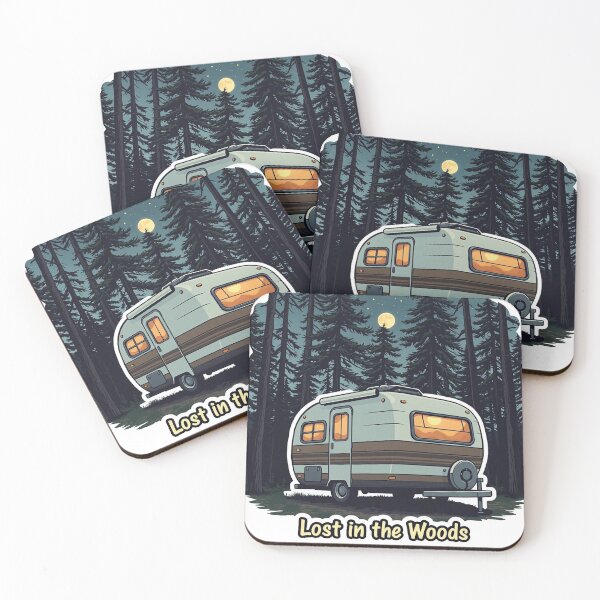 Item preview, Lost in the Woods Sticker — Retro Camper Trailer Pine Forest Full Moon Camping Night Adventure Wilderness Decal designed and sold by CosyCush.