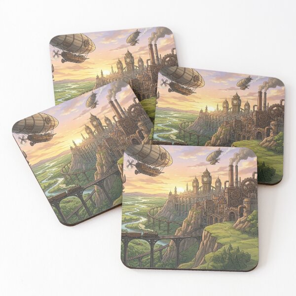 Item preview, Epic Steampunk Cityscape Landscape with Airships, Train and Sunset designed and sold by Vyxorea.