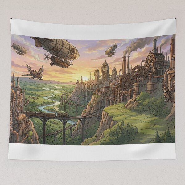 Item preview, Epic Steampunk Cityscape Landscape with Airships, Train and Sunset designed and sold by Vyxorea.