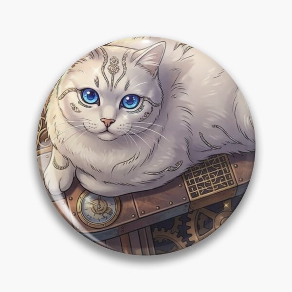 Item preview, Magical Steampunk White Cat with Glowing Blue Eyes and Gears designed and sold by Vyxorea.