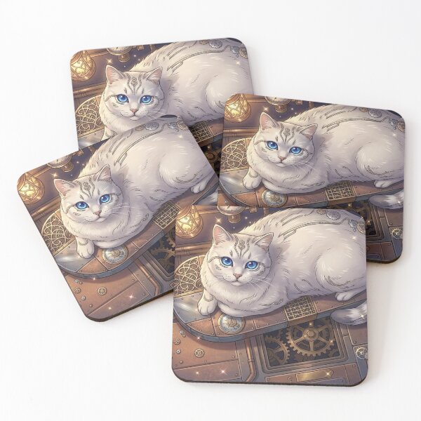 Item preview, Magical Steampunk White Cat with Glowing Blue Eyes and Gears designed and sold by Vyxorea.