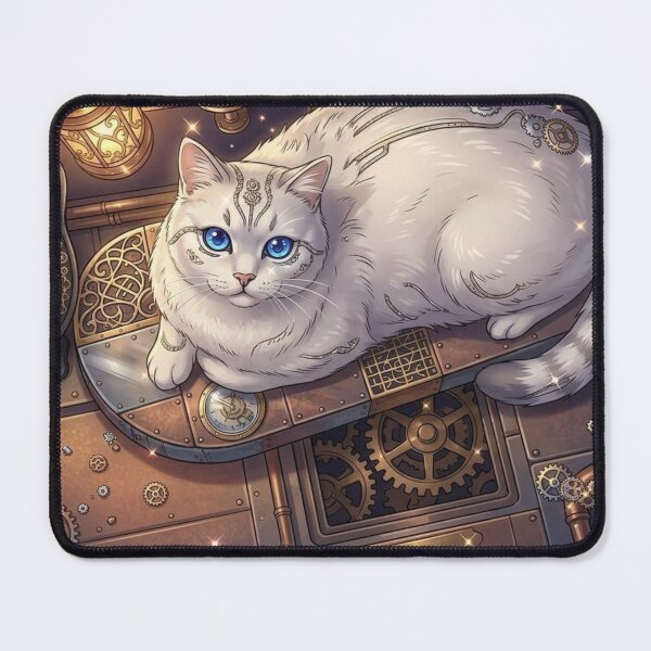 Item preview, Magical Steampunk White Cat with Glowing Blue Eyes and Gears designed and sold by Vyxorea.