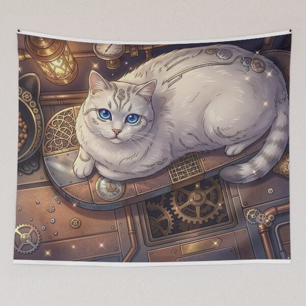 Item preview, Magical Steampunk White Cat with Glowing Blue Eyes and Gears designed and sold by Vyxorea.