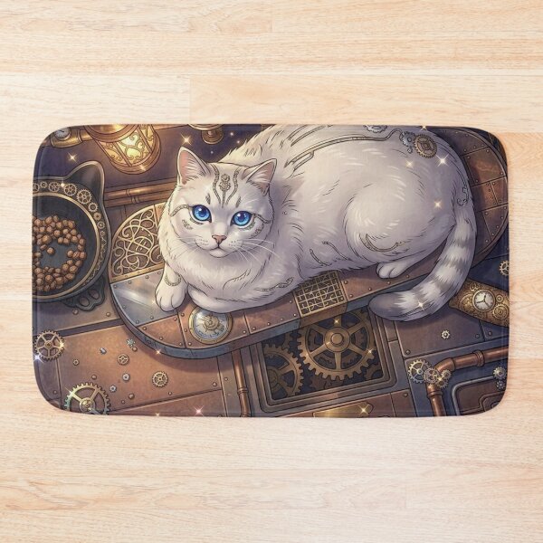 Item preview, Magical Steampunk White Cat with Glowing Blue Eyes and Gears designed and sold by Vyxorea.