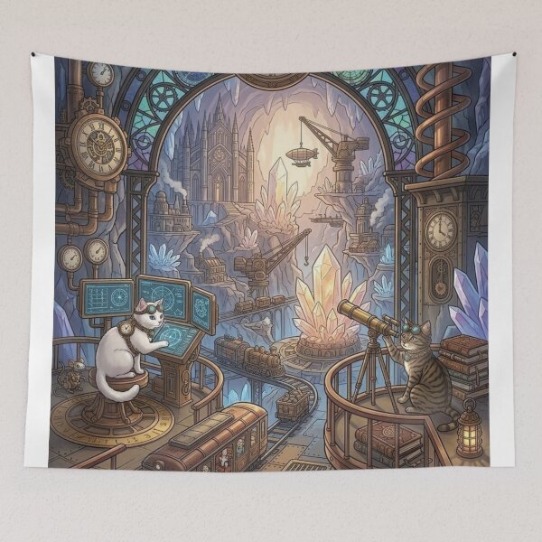 Item preview, Steampunk Cats Exploring Crystal Cavern Observatory designed and sold by Vyxorea.