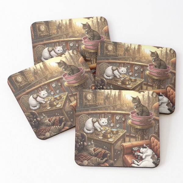 Item preview, Steampunk Cat Tea Time on Balcony Overlooking Airship City designed and sold by Vyxorea.