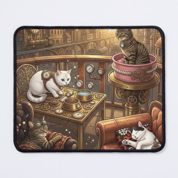 Item preview, Steampunk Cat Tea Time on Balcony Overlooking Airship City designed and sold by Vyxorea.