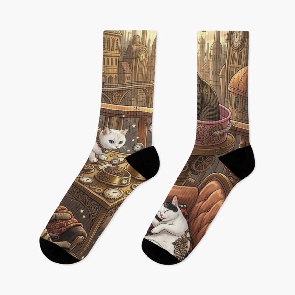 Item preview, Steampunk Cat Tea Time on Balcony Overlooking Airship City designed and sold by Vyxorea.