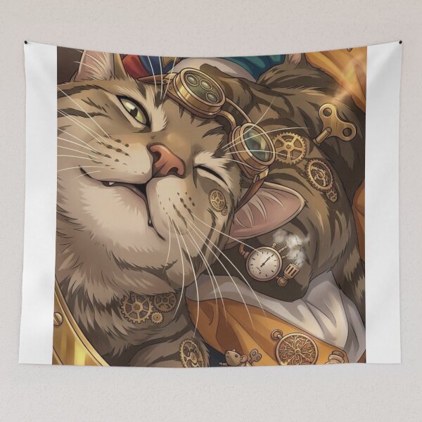 Item preview, Closeup Sleeping Steampunk Cat with Goggles and Gears designed and sold by Vyxorea.