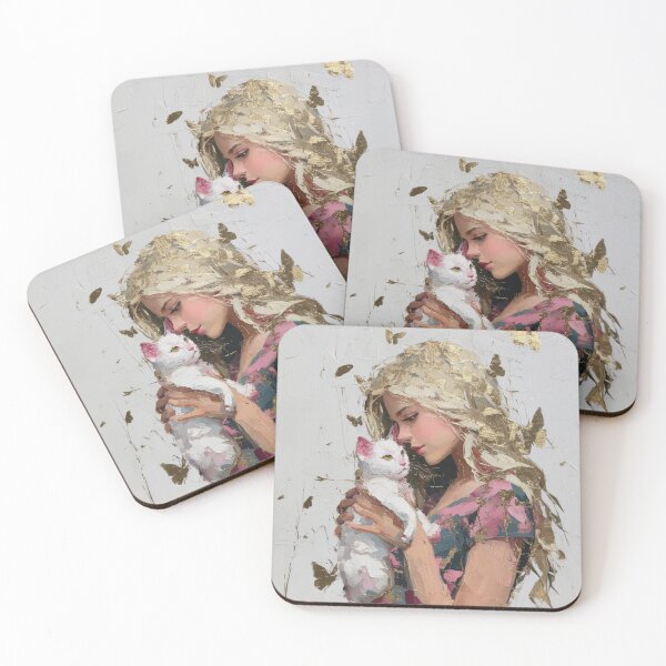 Item preview, Gentle Girl with White Cat and Golden Butterflies designed and sold by colorful-white.