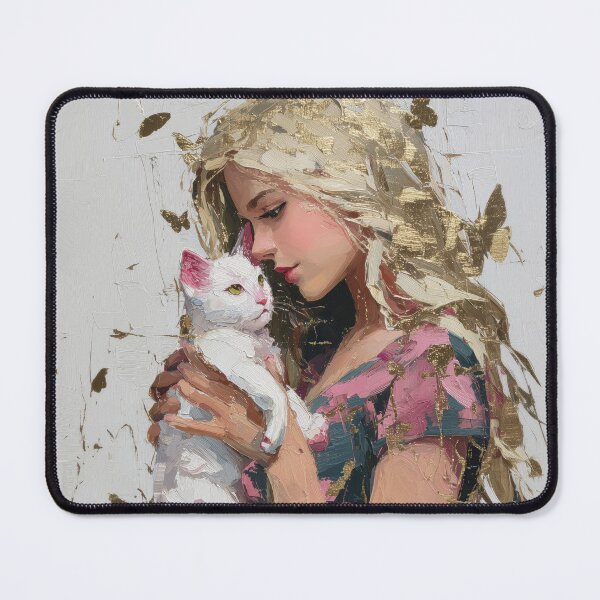Item preview, Gentle Girl with White Cat and Golden Butterflies designed and sold by colorful-white.