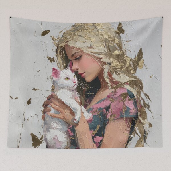 Item preview, Gentle Girl with White Cat and Golden Butterflies designed and sold by colorful-white.