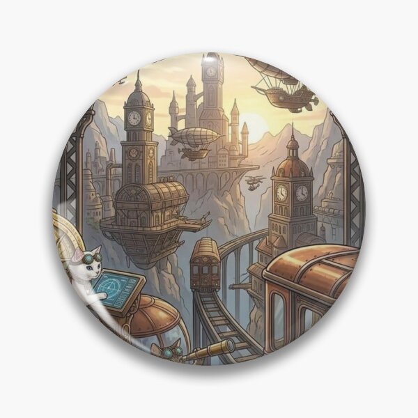 Item preview, Steampunk Cats Navigating Flying Tram over Mountain City designed and sold by Vyxorea.