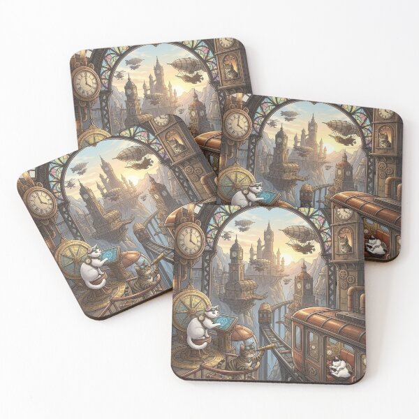 Item preview, Steampunk Cats Navigating Flying Tram over Mountain City designed and sold by Vyxorea.