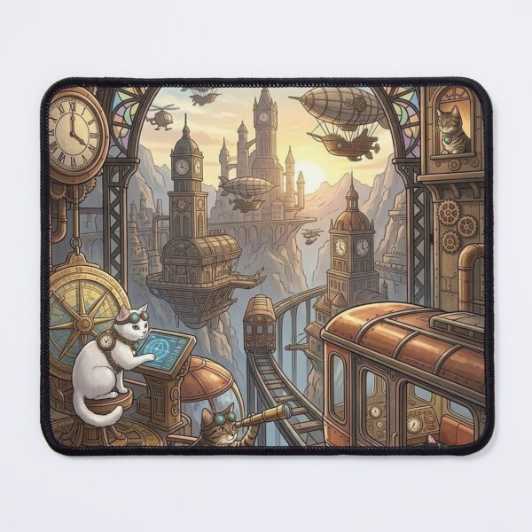 Item preview, Steampunk Cats Navigating Flying Tram over Mountain City designed and sold by Vyxorea.