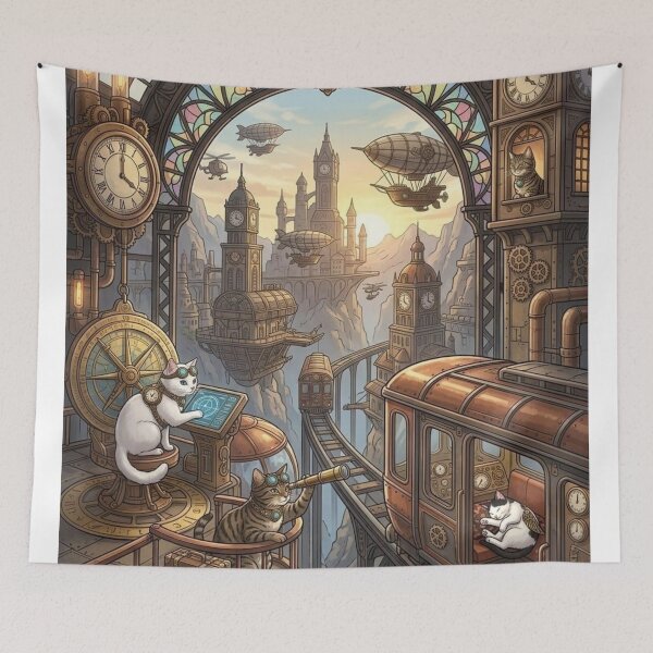 Item preview, Steampunk Cats Navigating Flying Tram over Mountain City designed and sold by Vyxorea.