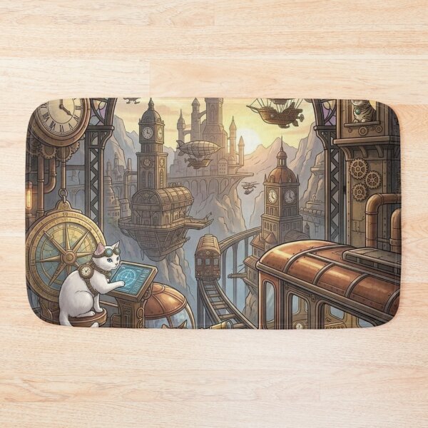Item preview, Steampunk Cats Navigating Flying Tram over Mountain City designed and sold by Vyxorea.
