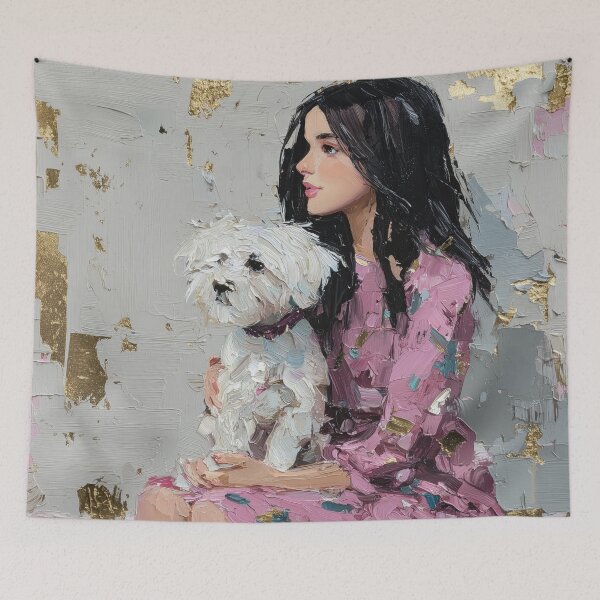 Item preview, Elegant Woman with White Dog in Impasto Gold designed and sold by colorful-white.