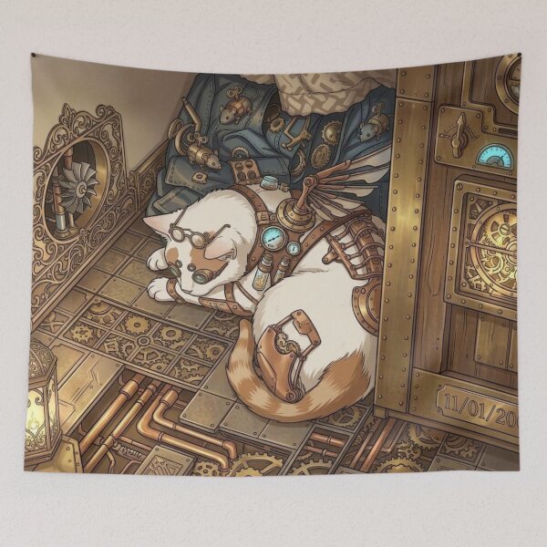 Item preview, Cute Sleeping Steampunk Cat with Mechanical Wings designed and sold by Vyxorea.