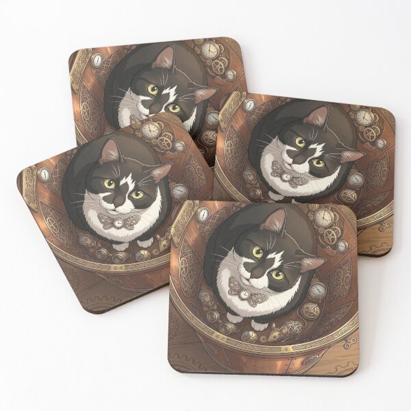 Item preview, Curious Tuxedo Cat in Steampunk Copper Cauldron with Mechanical Mice designed and sold by Vyxorea.
