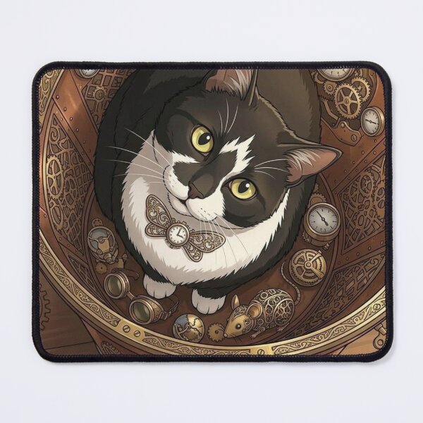 Item preview, Curious Tuxedo Cat in Steampunk Copper Cauldron with Mechanical Mice designed and sold by Vyxorea.