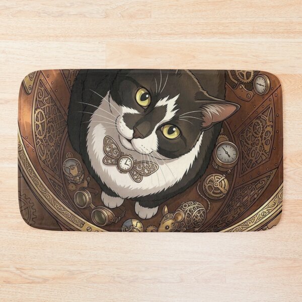 Item preview, Curious Tuxedo Cat in Steampunk Copper Cauldron with Mechanical Mice designed and sold by Vyxorea.