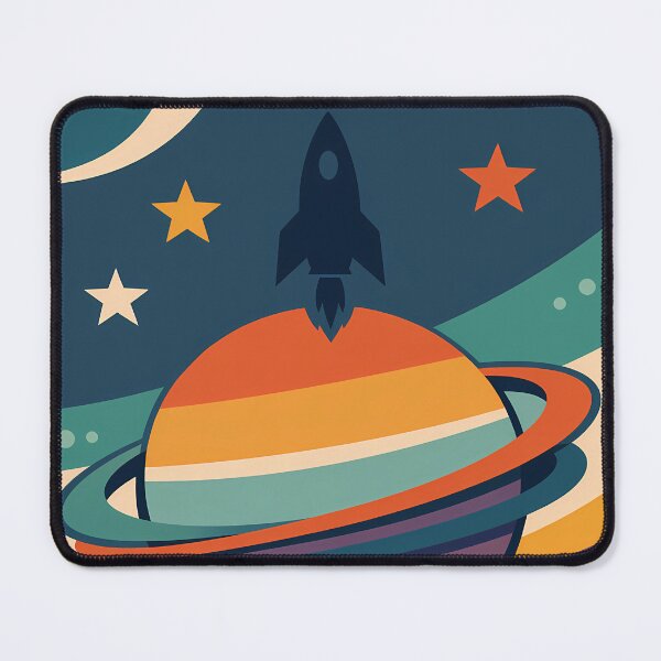 Item preview, Retro Futuristic Rocket Over Ringed Planetringed planet rocket designed and sold by InkSmithery.
