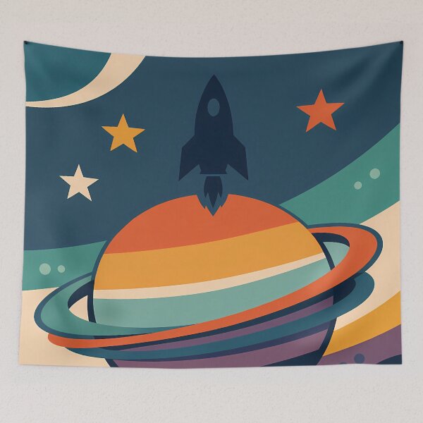 Item preview, Retro Futuristic Rocket Over Ringed Planetringed planet rocket designed and sold by InkSmithery.