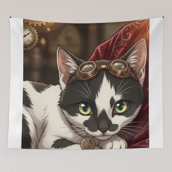 Item preview, Noble Tuxedo Cat Resting on Red Velvet in Steampunk Style designed and sold by Vyxorea.