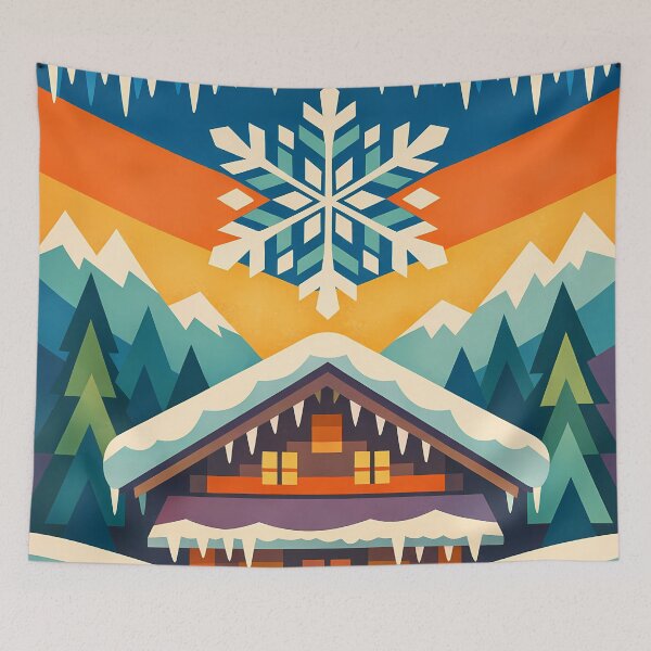 Item preview, Nordic Snowflake Chalet with Winter Mountainssnowy chalet scene designed and sold by InkSmithery.