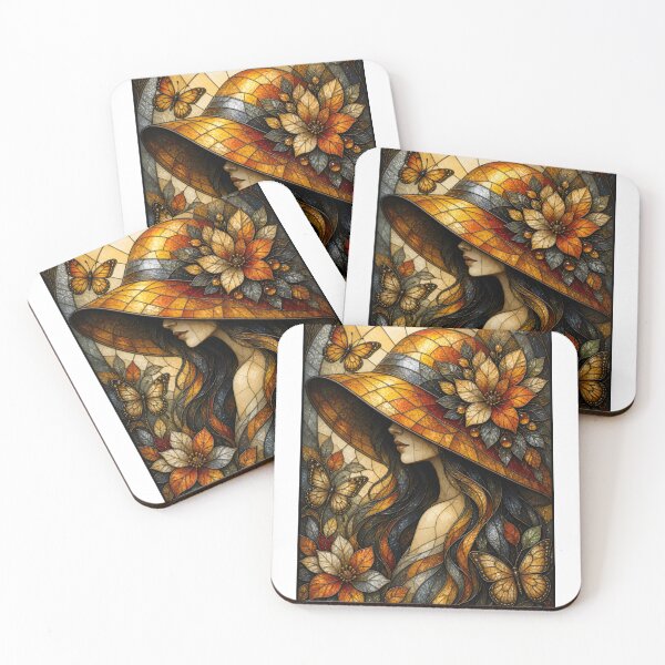 Item preview, Golden Elegance: Stained Glass Woman with Floral Hat and Butterflies designed and sold by Soluna Studio.