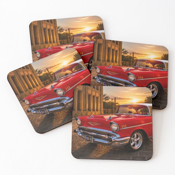 Item preview, 1957 Chevrolet Bel Air at Sunset – Red Classic Car on Cobblestone Street (Golden Hour Automotive Art) designed and sold by William A McCarthy.