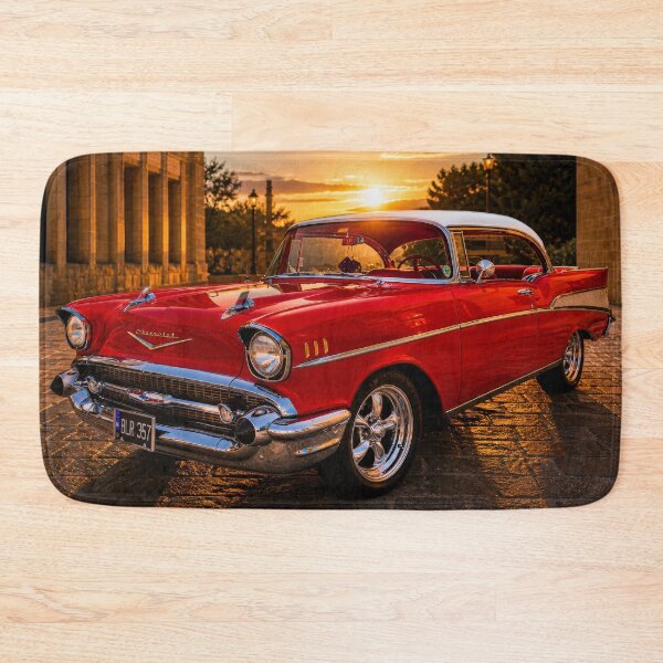 Item preview, 1957 Chevrolet Bel Air at Sunset – Red Classic Car on Cobblestone Street (Golden Hour Automotive Art) designed and sold by William A McCarthy.