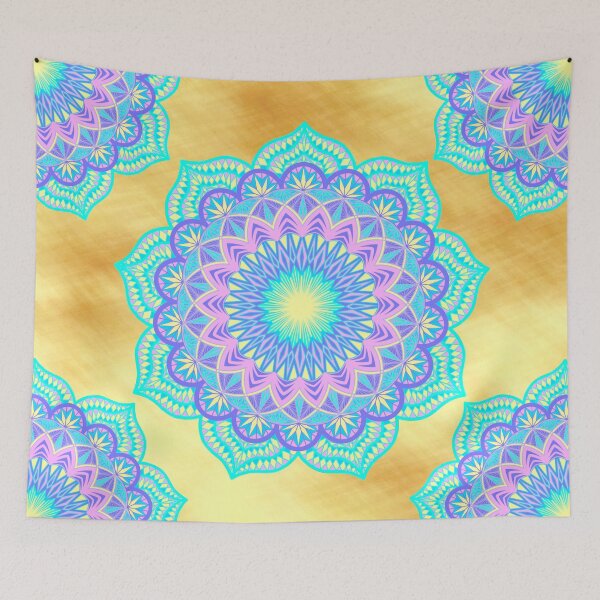 Item preview, Blue purple pink yellow filled mandala on light gold designed and sold by CreaTwinkles.
