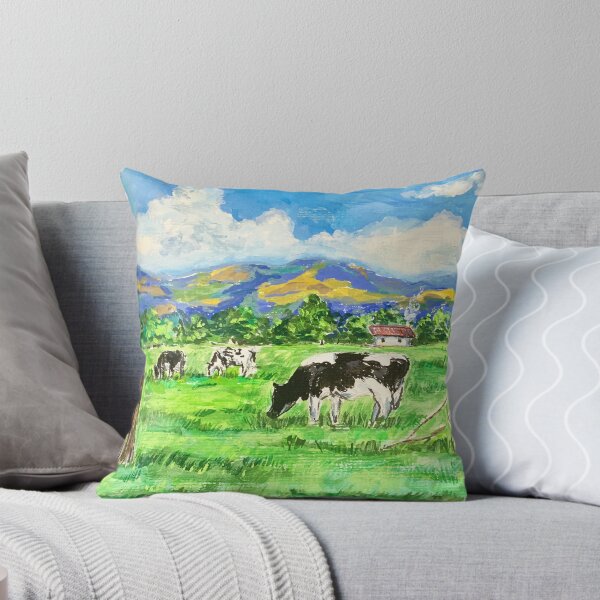 Item preview, Peaceful Countryside Farm with Cows and Mountain View (Gouache Painting) designed and sold by hopenoli_art.