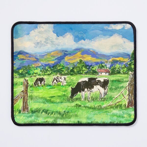Item preview, Peaceful Countryside Farm with Cows and Mountain View (Gouache Painting) designed and sold by hopenoli_art.