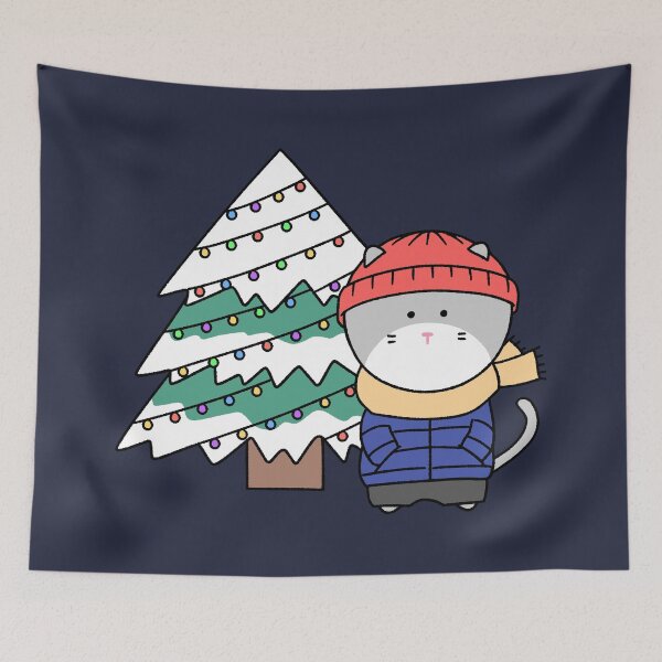 Item preview, Cute Winter Cat in Beanie with Christmas Tree Illustration designed and sold by ubborn.