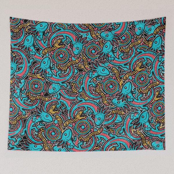 Item preview, Aztec axolotl tribal pattern Xolotl fighting Tezcatlipoca jaguar and snake gods pink and blue vintage style designed and sold by bard-art.