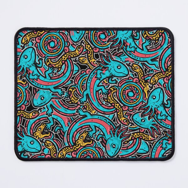 Item preview, Aztec axolotl tribal pattern Xolotl fighting Tezcatlipoca jaguar and snake gods pink and blue vintage style designed and sold by bard-art.