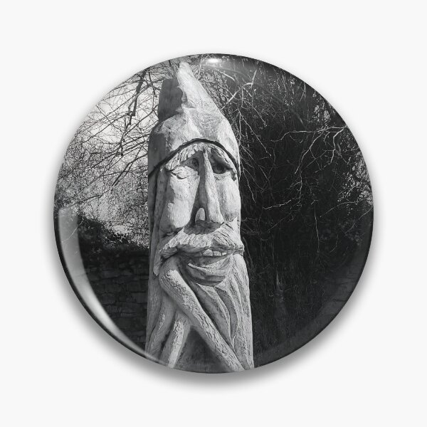 Item preview, Mystical Wood Spirit Tree Carving – Black and White Forest Sculpture Photography, Rustic Nature Art Print designed and sold by ivon55.