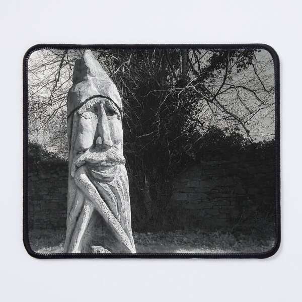 Item preview, Mystical Wood Spirit Tree Carving – Black and White Forest Sculpture Photography, Rustic Nature Art Print designed and sold by ivon55.
