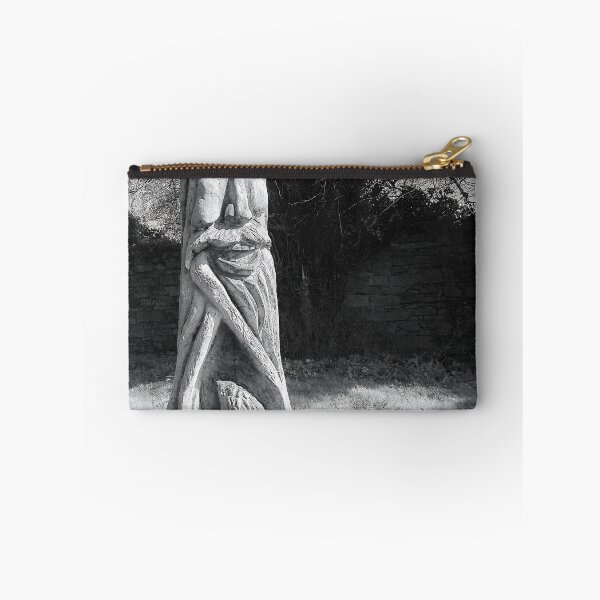 Item preview, Mystical Wood Spirit Tree Carving – Black and White Forest Sculpture Photography, Rustic Nature Art Print designed and sold by ivon55.