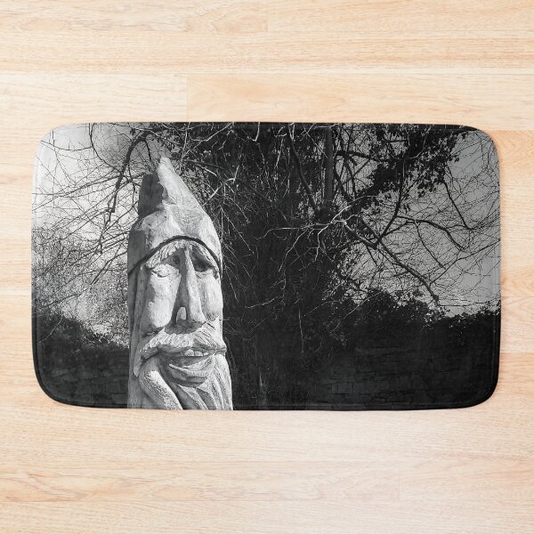 Item preview, Mystical Wood Spirit Tree Carving – Black and White Forest Sculpture Photography, Rustic Nature Art Print designed and sold by ivon55.