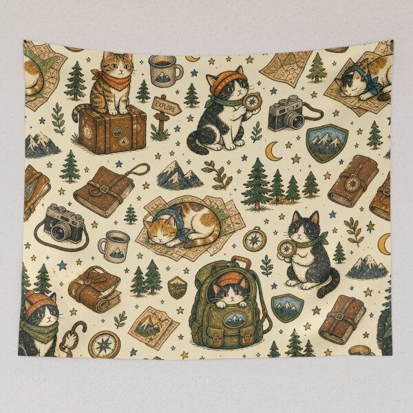 Item preview, Adventure Cat Pattern Throw Pillow – Cute Explorer Cats Cozy Travel Aesthetic Cushion designed and sold by IconicDesignsXd.