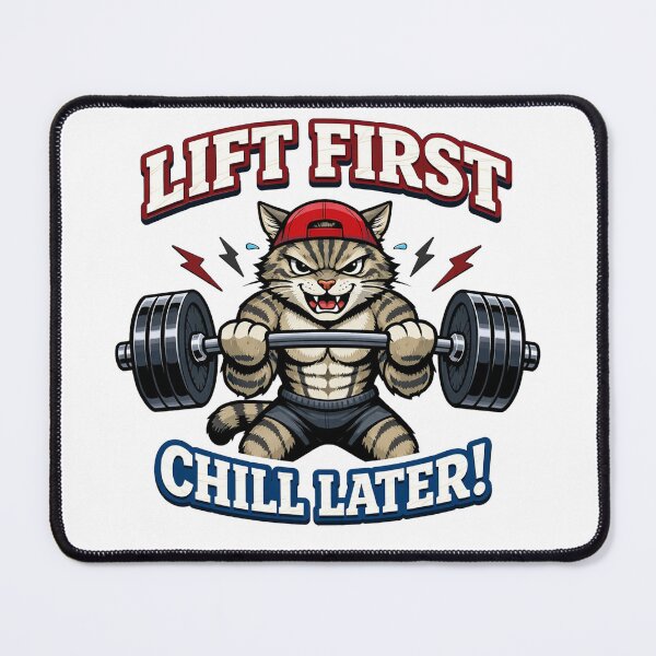 Item preview, Lift First Chill Later Funny Gym Cat Weightlifting Barbell designed and sold by Owcomm.