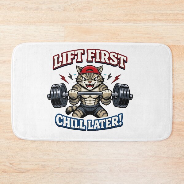 Item preview, Lift First Chill Later Funny Gym Cat Weightlifting Barbell designed and sold by Owcomm.
